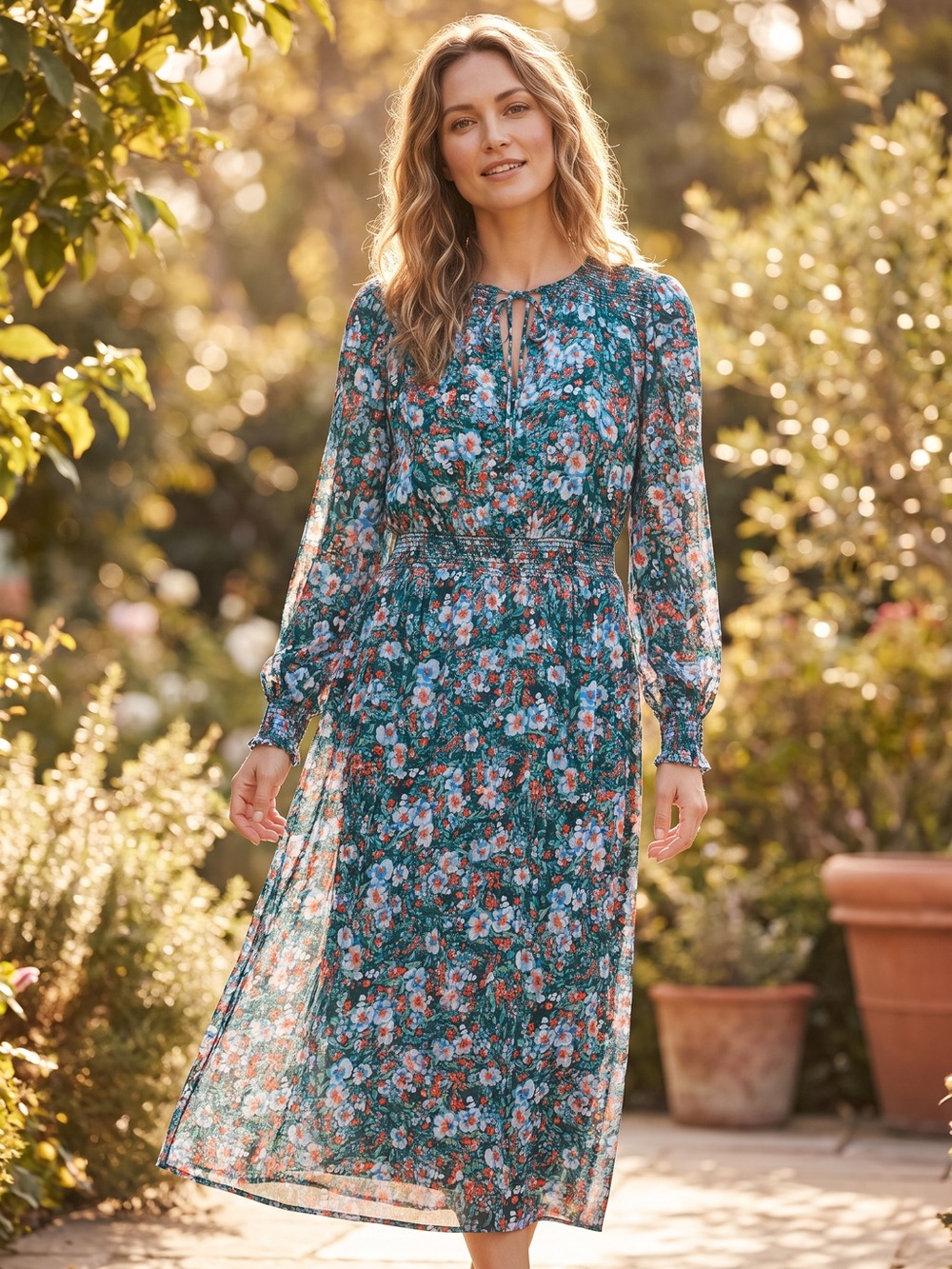 Hush Floral Smocked Waist Long Sleeve Maxi Dress - Green/Blue Floral